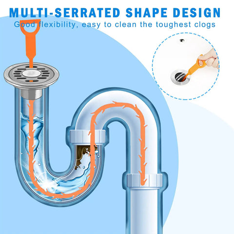 Illustration of Six Pack Hair Drain Clog Remover Tools Set with flexible plastic snakes clearing sink drain clogs.