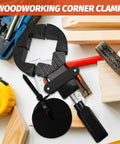Right Angle Woodworking Clamp With Strong Clamping Power Precise Positioning Frame Holder For Picture Frames And Artwork Easy Quick Assembly Tool For DIY Woodshop Projects Essentials on a workshop table with tools