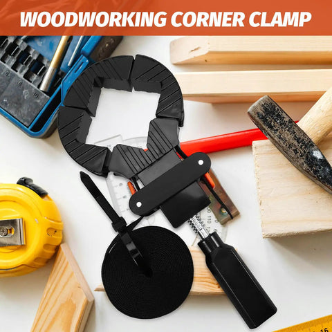 Right Angle Woodworking Clamp With Strong Clamping Power Precise Positioning Frame Holder For Picture Frames And Artwork Easy Quick Assembly Tool For DIY Woodshop Projects Essentials on a workshop table with tools
