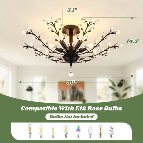 Five Light Crystal Chandelier In Matte Black With Edison E12 Base, 30 Inch Modern Semi Flush Mount dimensions displayed.