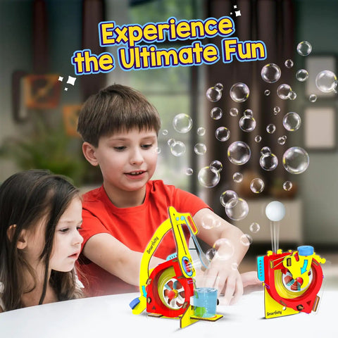 Kids using Motor Powered 10 In 1 STEM Kit For Kids Build 10 Plus Working Gadgets With One Motor Bubble Launcher Spinner And More