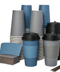 16 Oz Disposable Paper Coffee Cups With Lids, Sleeves, And Stir Sticks, Blue And Gray, 100 Pack, Great Value Set visible in image