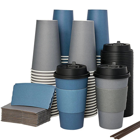 16 Oz Disposable Paper Coffee Cups With Lids, Sleeves, And Stir Sticks, Blue And Gray, 100 Pack, Great Value Set visible in image