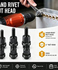 Go-To Pro Grade Auto Rivet Nut Tool Kit With Rustproof Design, 60-Piece M3 To M8 Threaded Inserts, All Spec Fasteners In One Box, Quick Sheet Metal And Auto Panel Fixes, Durable Galvanized Steel Construction hand rivet nut head with M3-M8 inserts on drill