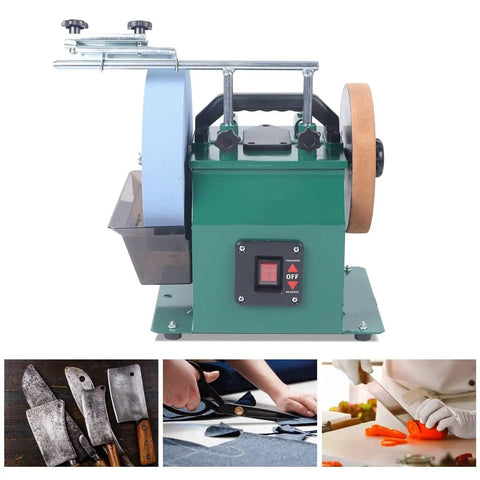 Top Shelf Water Cooled Electric Knife Sharpener Bench Grinder With 240 Watt Motor And 10 Inch Coarse Sharpening Stone and 8 Inch Leather Stropping Wheel.