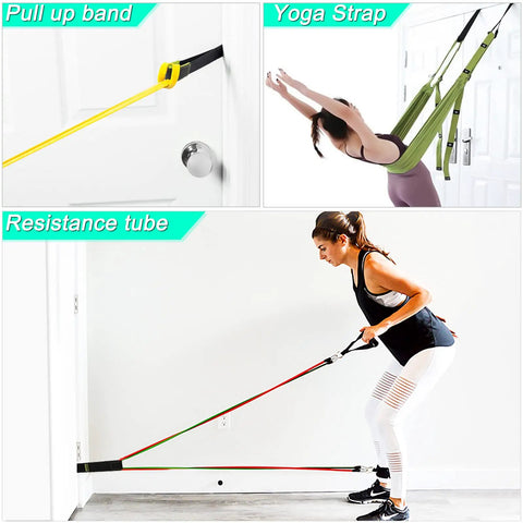 Image of Badass Heavy Duty Padded Door Anchor For Resistance Bands And Suspension Training with pull up band and resistance tube.