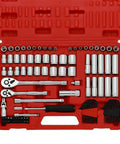 All In One 94 Piece One Quarter Inch And Three Eighth Inch Drive Socket Set with various sockets, ratchets, and accessories in a red case.