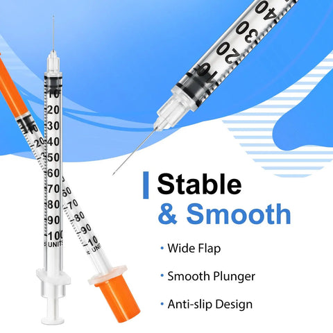 Individually Wrapped 100 Pack Disposable Syringes One Milliliter 30 Gauge Half Inch for Lab and Home Use displayed vertically