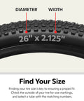 Close-up of a bike tire showing 26 inches by 2.125 inches, suitable for Replacement 26 Inch Bike Inner Tube With Schrader Valve For 1.75 To 2.125 Inch Wide Mountain Hybrid Dual Sport And Cruiser Tires Built Tough For Everyday Rugged Rides Durable Lightweight.