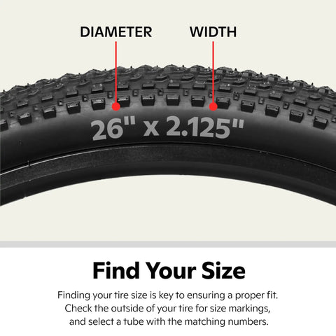 Close-up of a bike tire showing 26 inches by 2.125 inches, suitable for Replacement 26 Inch Bike Inner Tube With Schrader Valve For 1.75 To 2.125 Inch Wide Mountain Hybrid Dual Sport And Cruiser Tires Built Tough For Everyday Rugged Rides Durable Lightweight.