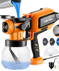 Powerhouse 1000W Electric Paint Sprayer With Generous 1500 Ml Container pouring paint with adjustable brass nozzles and accessories.