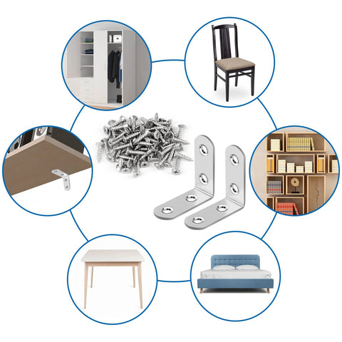 16 Pcs Stainless Steel L Bracket Set With 64 Screws, 90 Degree Right Angle Corner Braces for Shelves, Tables, Chairs, Dressers and Furniture