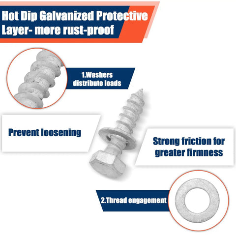 60 Pack Half Inch By Two Inch Lag Bolts And Washers Kit Hot Dip Galvanized Hex Lag Bolts with text on protective rust-proof layer.