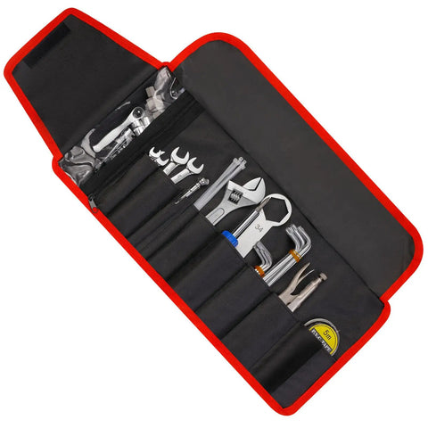 Compact Motorcycle Repair Tool Kit For 2019 And Newer Bikes On The Go Maintenance shown open with tools in a nylon bag