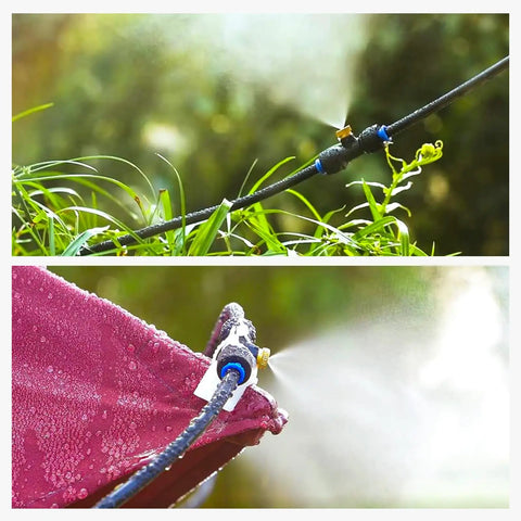 Close-up of Outdoor Misting System For Patio And Garden, 26Ft Flexible Tubing With 7 Brass Nozzles All 3/4 Inch Brass Adapter, spraying mist