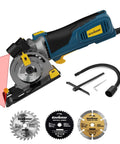 Enventor mini corded circular saw, angled blue body with laser guide; includes 3 blades.