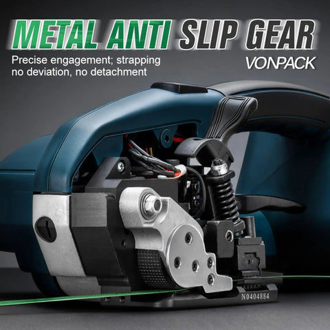 Heavy Duty Electric Handheld Strapping Tool With Rechargeable Battery Digital Control For PP PET Banding Up To 5/8 Inch Wide Bands close-up of metal anti-slip gear.