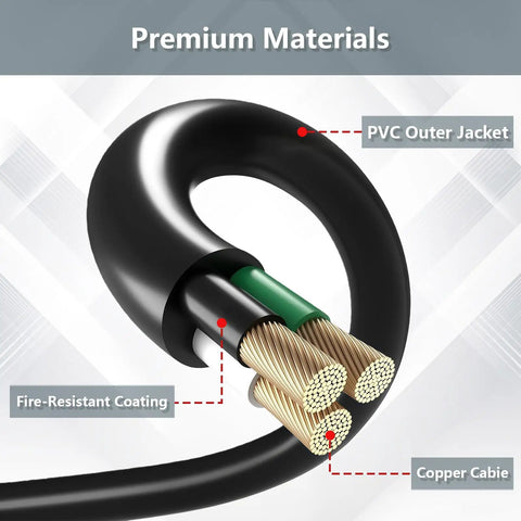 Cross-section of Heavy Duty 8 Foot 16 Gauge 3 Wire Power Tool Cord showing PVC outer jacket and copper cabling.