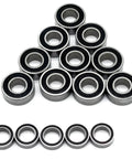 Rubber Sealed RC Ball Bearings Kit 5x8x2.5mm and 5x11x4mm for One Tenth Scale RC Cars shown in stainless steel.