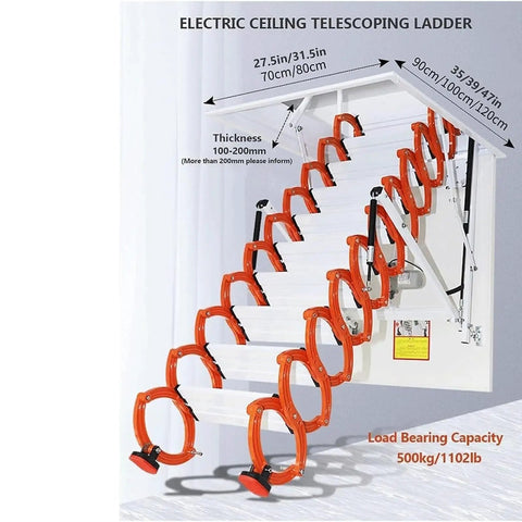 Electric Attic Ladder With Remote Control Pull Down Loft Stairway Featuring Tough Titanium Alloy Steps and Non Skid Base in use with specifications