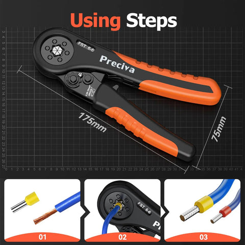 Ferrule Crimping Tool Kit With Hexagonal Ratchet Pliers For AWG 28-7 showing dimensions and usage steps in electrical projects.