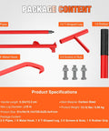 Package contents showing components for 51 Inch Cant Hook For Log Rolling And Firewood Lifting, Heavy Duty Timberjack Tool With Adjustable Steel Cant Hooks, Rubber Grip Handle, Lets You Raise And Roll Logs Up To 15 Inches, Red, including pipes, T-shaped leg, rubber grip, metal hook, screws and nuts.