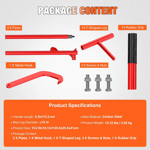 Package contents showing components for 51 Inch Cant Hook For Log Rolling And Firewood Lifting, Heavy Duty Timberjack Tool With Adjustable Steel Cant Hooks, Rubber Grip Handle, Lets You Raise And Roll Logs Up To 15 Inches, Red, including pipes, T-shaped leg, rubber grip, metal hook, screws and nuts.