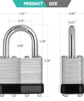 Product size diagram of Beefy Keyed Alike Nickel Plated Padlocks Set of 12, showing dimensions of heavy-duty locks.