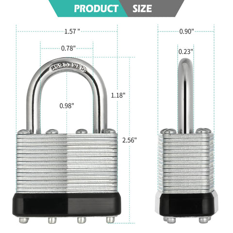 Product size diagram of Beefy Keyed Alike Nickel Plated Padlocks Set of 12, showing dimensions of heavy-duty locks.