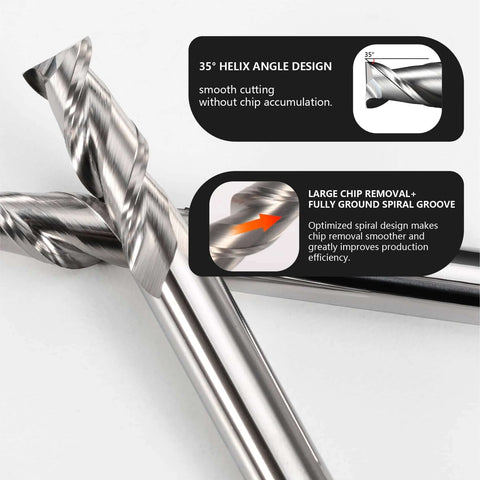 Close-up of ALYICIA 3-piece 3/32in carbide square-nose end mills set, uncoated, 2-flute for aluminum.