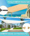 Comparison of Heavy Duty Stainless Steel Awning Attachment Set For Sun Shade Sail Outdoor Patio Garden Hardware Kit installed and not installed, highlighting stability.