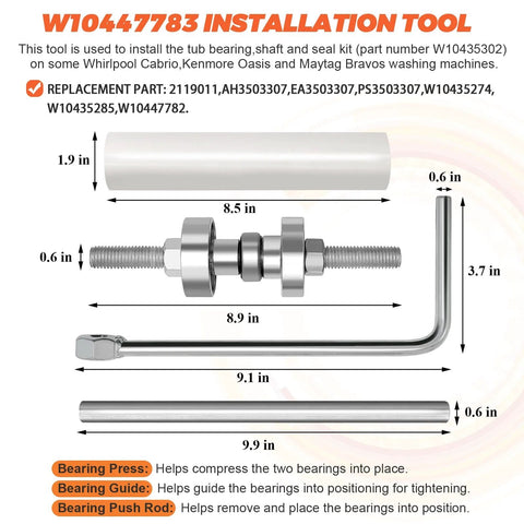 Beaquicy washer tub bearing installation/removal tool kit with metal shaft, threaded bolts, and L-shaped rod