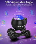 Dope 5 In 1 Galaxy Projector with Aurora Nebula Lights showing size, controls, and specifications on purple background.