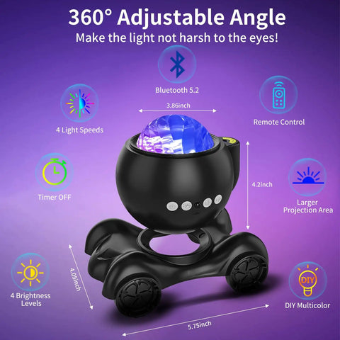 Dope 5 In 1 Galaxy Projector with Aurora Nebula Lights showing size, controls, and specifications on purple background.