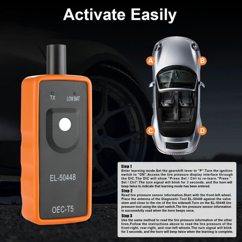 Heavy Duty TPMS Relearn Tool For Quick Tire Pressure Sensor Activation And Programming With Broad Chevy Buick Cadillac Support and Plug And Play, showing step-by-step usage.