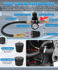 Front view of Turbo Boost Leak Tester kit with pressure gauge, rubber hose, four adapter pairs, US/EU air fittings.