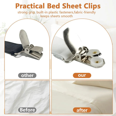 Comparison of bed sheet clips showing other and our Four Pack Bed Sheet Straps With Metal Clips for wrinkle-free bedding