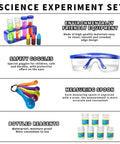 Over 220 Lab Experiments Science Kit for Kids showing safety goggles, measuring spoons, bottled reagents, and equipment