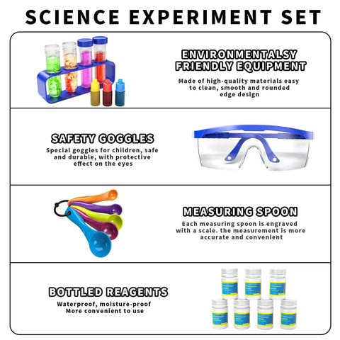Over 220 Lab Experiments Science Kit for Kids showing safety goggles, measuring spoons, bottled reagents, and equipment