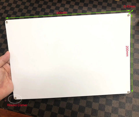 Pearled White Sublimation Aluminum Blanks Metal Signs 8x12 Inch 0.45mm Thick With 4 Pre Drilled Holes And Mounting Screws shown in hand