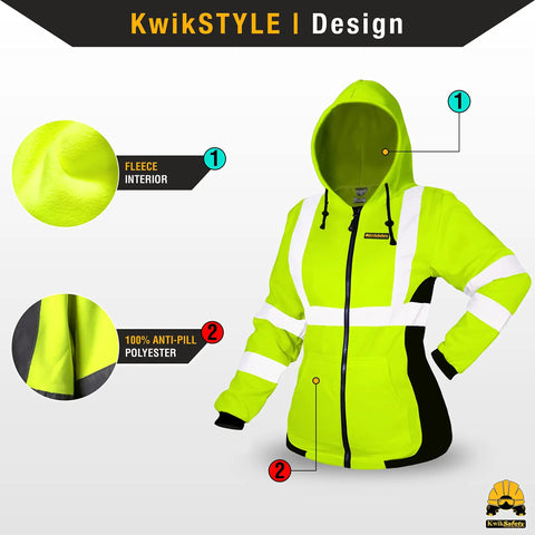 ROGUE Safety Jacket for Women With Class 3 ANSI Reflective Hi Vis Fleece Hoodie Yellow Small Size Two Front Pockets Adjustable Drawcord Heavy Duty Zipper for Day and Night Work
