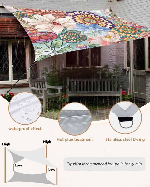 Boho Floral 8x10 Ft Sun Shade Sail Canopy Patio Ready Backyard Friendly Garden Deck Porch Outdoor Shade Cloth Waterproof UV Block With Sturdy Seams And Tear Resistant Construction installed in a backyard setting