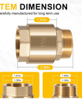 Brass one-way check valve, side view, for water systems, 1-1/4 in NPT male inlet and 1-1/4 in FNPT outlet.