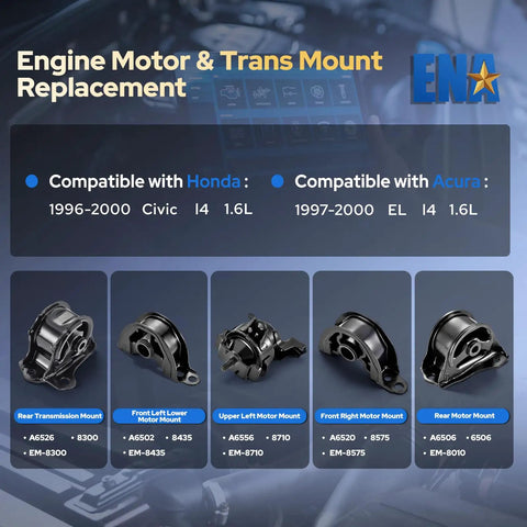Premium Heavy Duty Five Piece Engine Motor And Transmission Mount Kit Straight Swap For Honda Civic 1996 Through 2000 1.6L L4 And Acura El showing component designs.