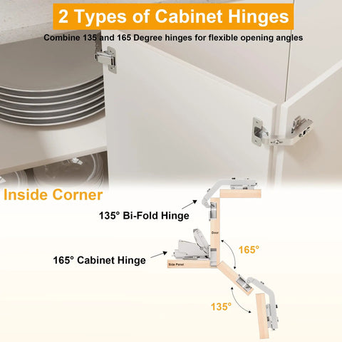 Image showing 2 Types of Cabinet Hinges: 135° Bi-Fold and 165° Cabinet Hinge for Lazy Susan setups.