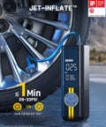 X8 Apex Tire Inflator Portable Cordless Air Compressor With LED Dual Screen next to car tire