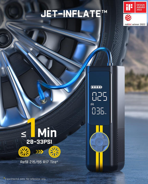 X8 Apex Tire Inflator Portable Cordless Air Compressor With LED Dual Screen next to car tire