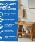 24 Inch Teak Shower Bench With Storage Shelf Waterproof Bathroom Seat For Adults And Seniors Spa Style Teak Wood Stool With Non Slip Feet Elegant Finish Supports Up To 300 Pounds in a bathroom setting highlighting features.