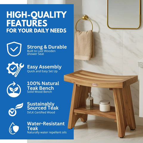 24 Inch Teak Shower Bench With Storage Shelf Waterproof Bathroom Seat For Adults And Seniors Spa Style Teak Wood Stool With Non Slip Feet Elegant Finish Supports Up To 300 Pounds in a bathroom setting highlighting features.