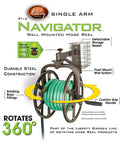 Single Arm Garden Hose Reel With 360 Degree Rotation Holds 125 Feet Of Five Eighths Inch Hose in 18 Gauge Steel and Bronze Finish